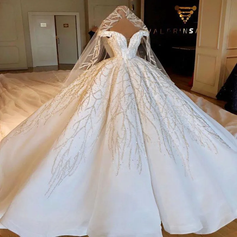 

Luxury Cathedral Train Ball Gown Arabic Wedding Dresses 2024 Robe De Mariee Gorgeous Crystals Beads Bridal Wedding Gowns