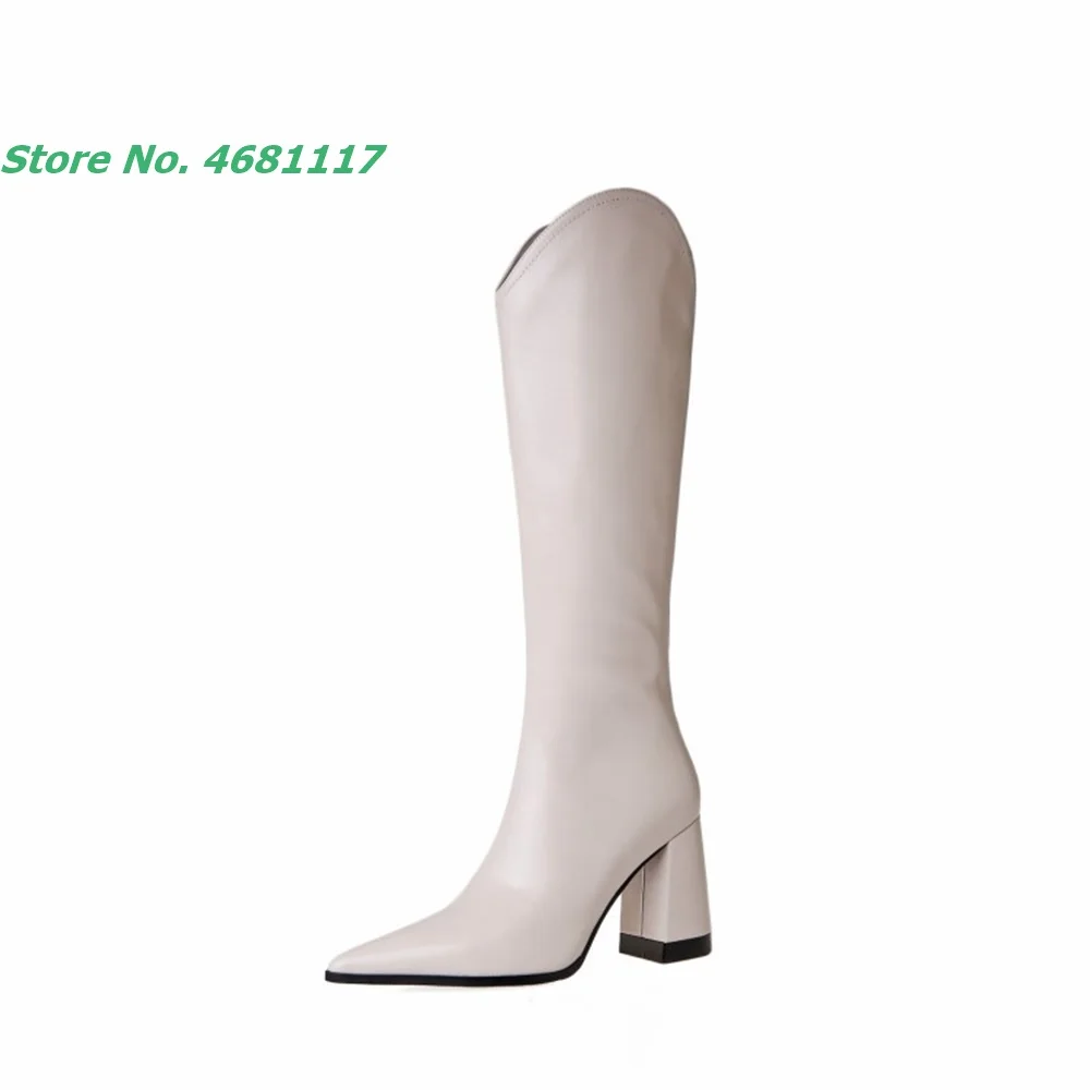 Irregular Splicing High Heels Knee High Boots Side Zipper Pointed Toe Genuine Leather Block Heel Street Style European Women