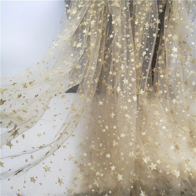 Print Gold Small Stars Tulle Lace Fabric Glitter Mesh for Party Dress, Tutu Dress, Evening Ball Gown, Veil suply