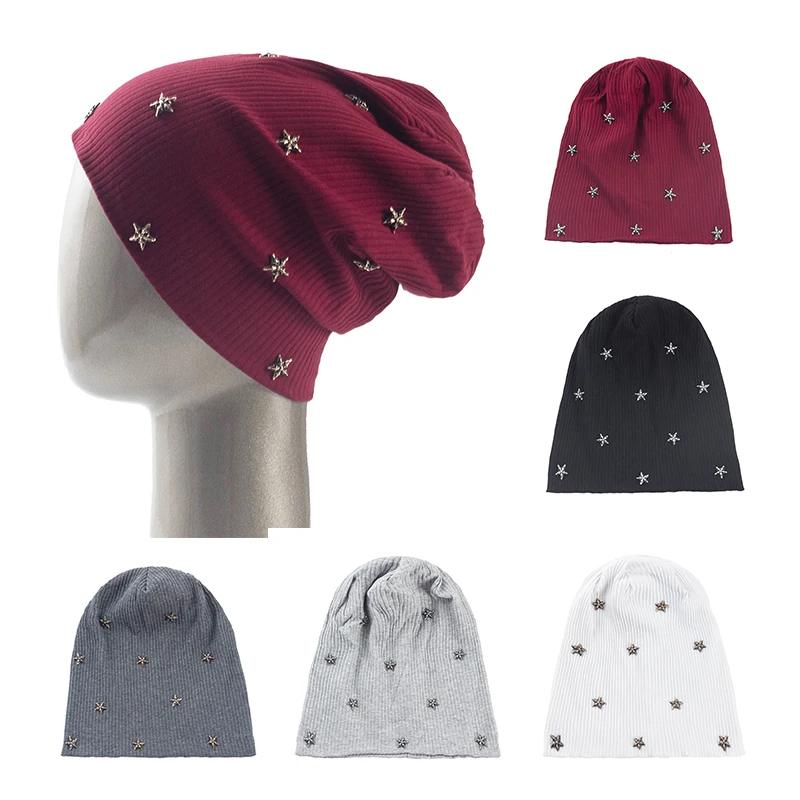 

Women Plain Color Pentagram Hat Knitted Ribbed Beanie Caps Ladies Beanies Skullies Baggy Slouchy Bonnet Female Warm Hats