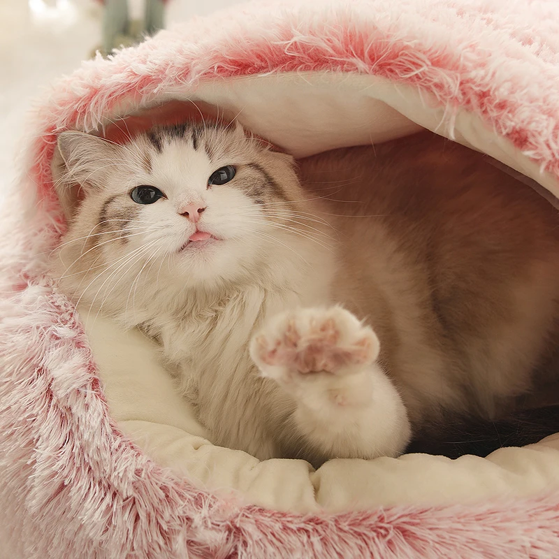 Kimpets Round Cat Beds House Soft Long Plush Winter Cushion Warm Cat BasketSleep Bag Cat Nest Kennel For Small Dog Cat