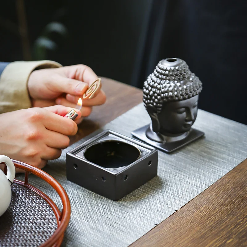 Yoga Set Ceramic Aromatherapy Oil Burner Buddha Head Aroma Essential Oil Diffuser Indian Incense Buddha Tibetan Incense Base