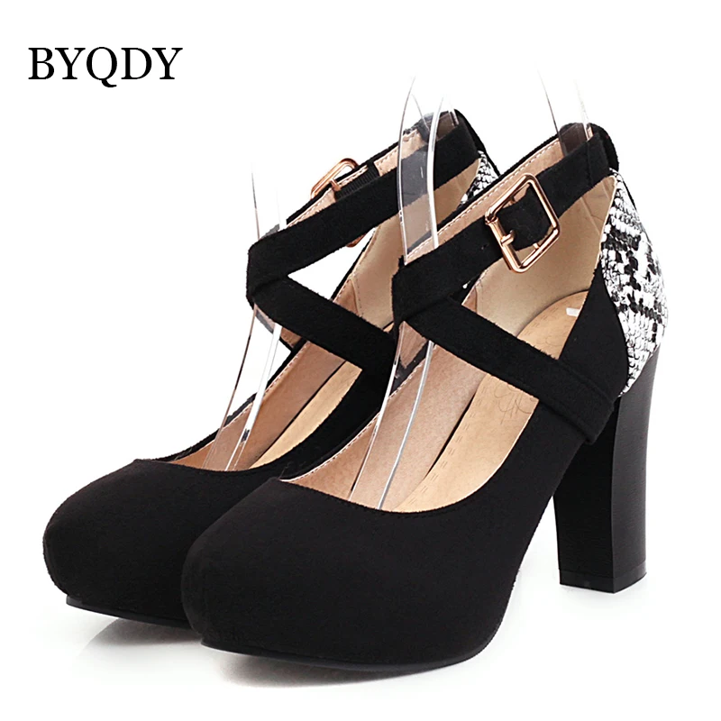 BYQDY Fashion Cross-tied Ankle Strap Female Pumps Wedding Party Shoes Platform Round Toe Dress Women Shoes High Heels Suede Shoe