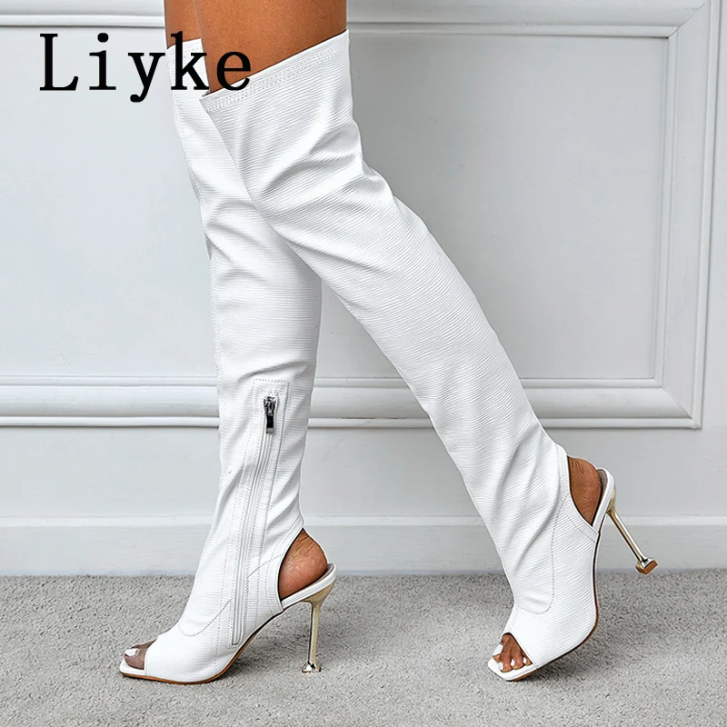 Liyke White Leather Thigh High Over The Knee Boots Sexy Open Toe Stripper Heels Booties Fashion Zip Motorcycle Shoes Women Pumps