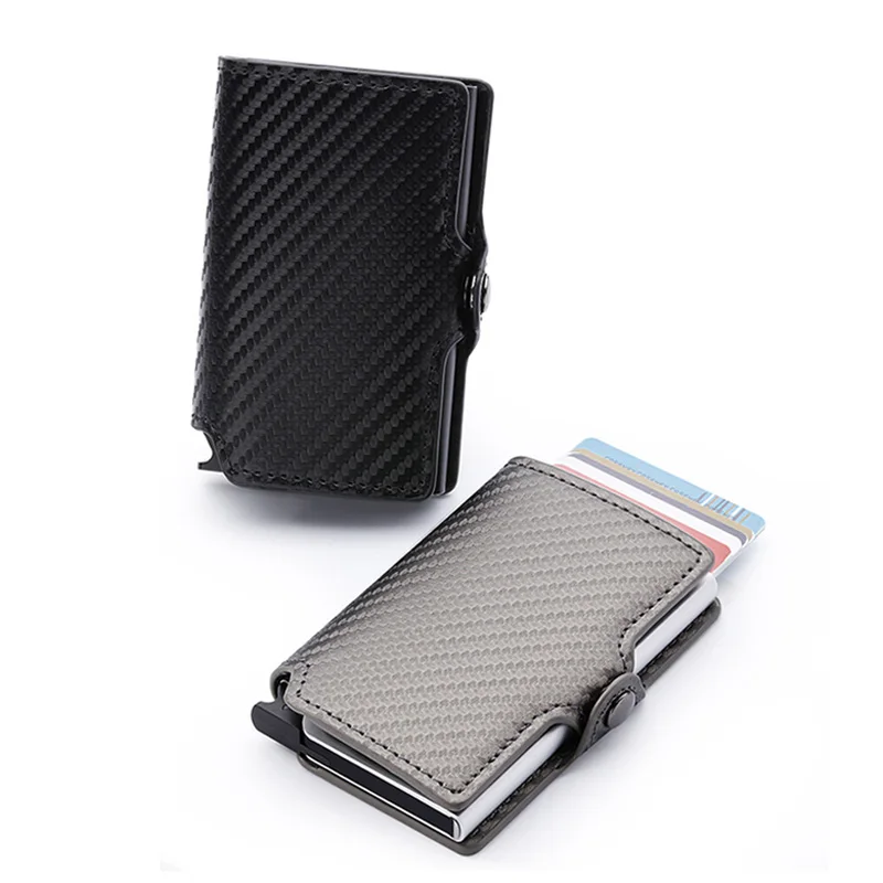 

2020 Fashion RFID Men's Carbon Fiber Leather Credit Card Holder Automatic Aluminum Metal Cardholder Male Wallet Slim Case Purse