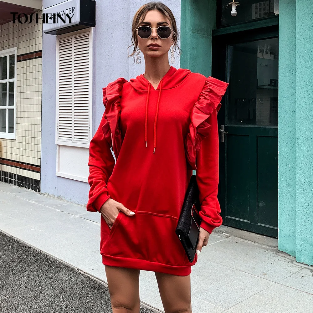 

Осенне-зимнее женское платье с капюшоном Tosheiny, однотонный свитшот с рукавами и оборками, MM3152