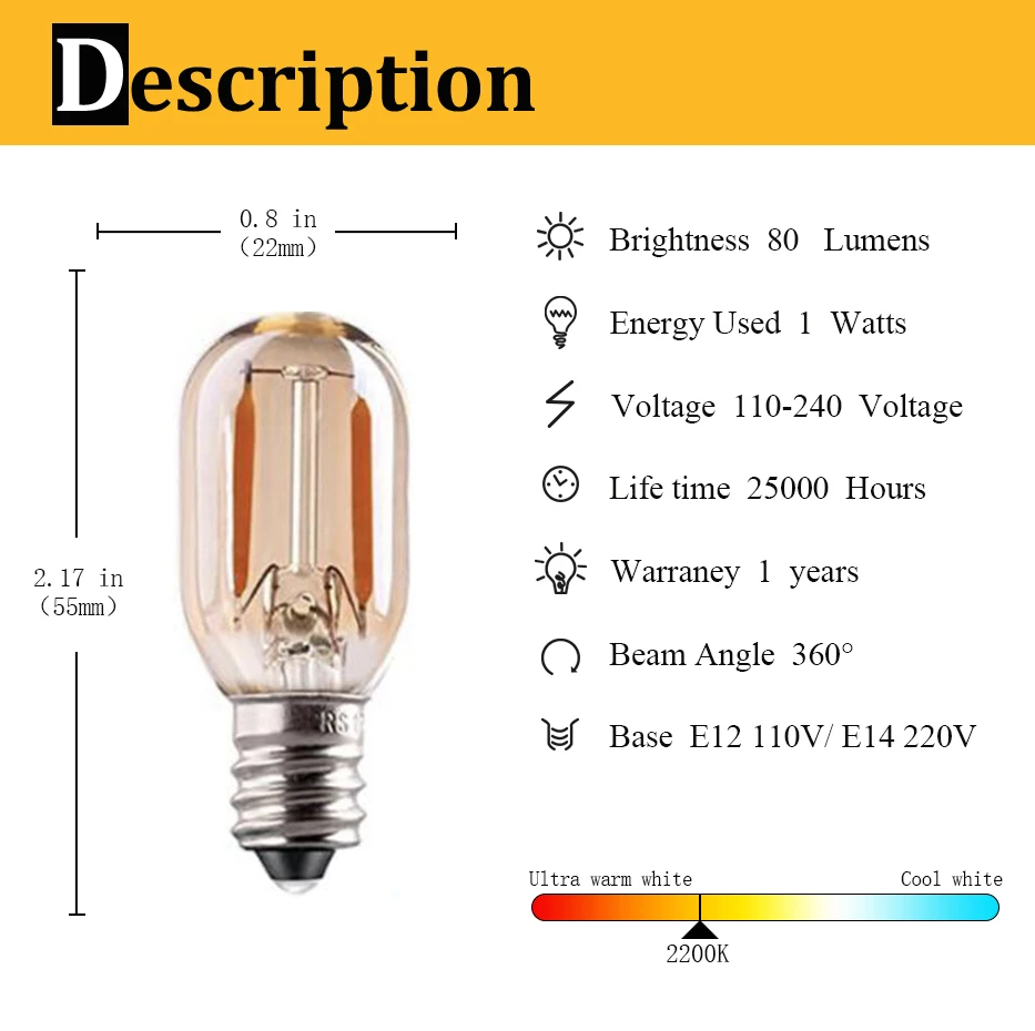 T22G Dimmable LED Lamps 1W Vintage Tube Night Light Bulbs Amber Glass E12 E14 Candelabra LED String Lights 220V 2200K Chandelier