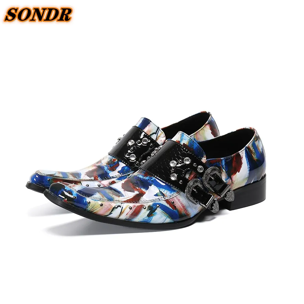 

Korean Style Men Multi Color Formal Shoes Genuine Leather Buckle Strap Crystal For Men Dress Square Toe Shoes Calzado Hombre