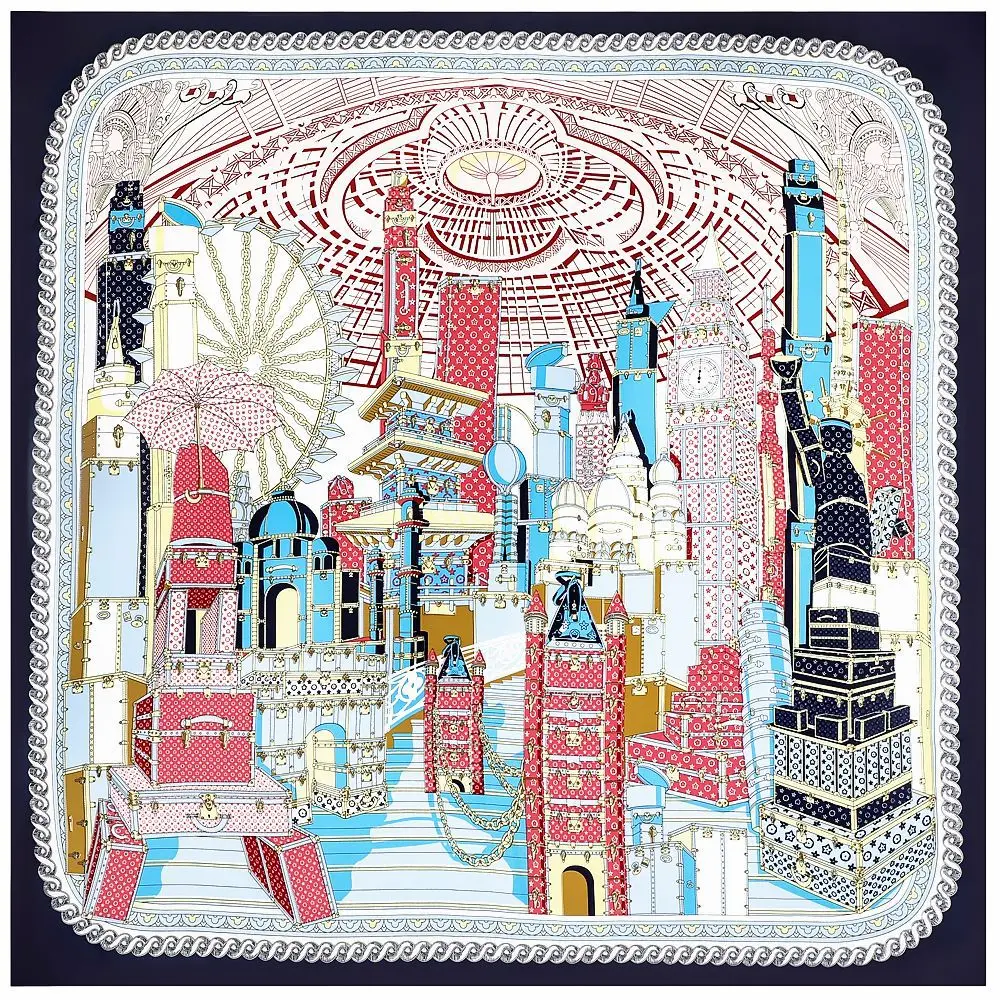 POBING Silk Scarf Women Large Shawls Castle Print Square Bandana Luxury NecKerchief Muslim Hijab Scarf Female Foulards 130CM