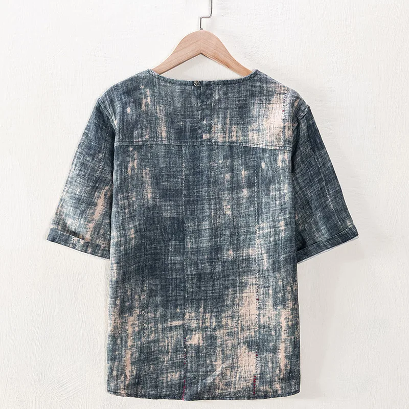 

100% льняная летняя футболка в китайском стиле с короткими рукавами, мужская брендовая повседневная футболка с круглым вырезом, мужская футболка с эффектом тай-дай, мужская футболка-камизета