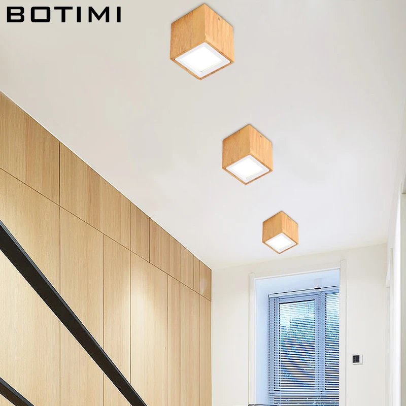 BOTIMI Modern LED Ceiling Lights For Corridor Small Round Wooden Surface Mounted 220V Square Cuboid Wooden Foyer Lightings