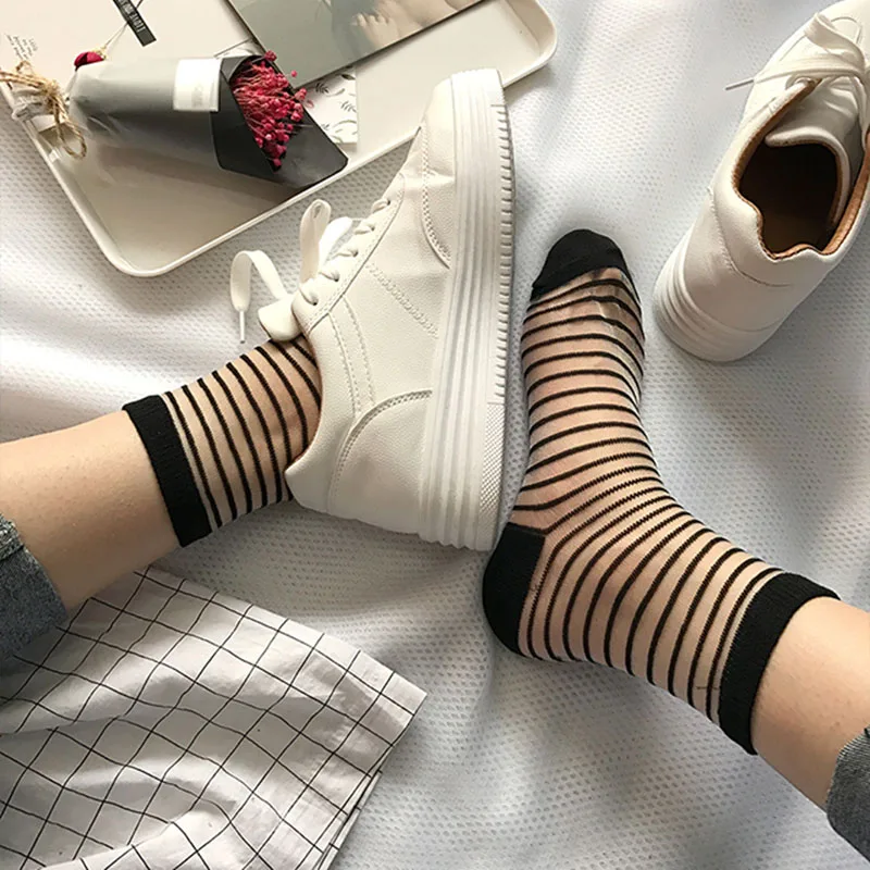 Hipster Harajuku Ankle Ladies Socks Women Fashion Transparent Stripe Short Female Summer Women\'s Socks Summer Black White Socks