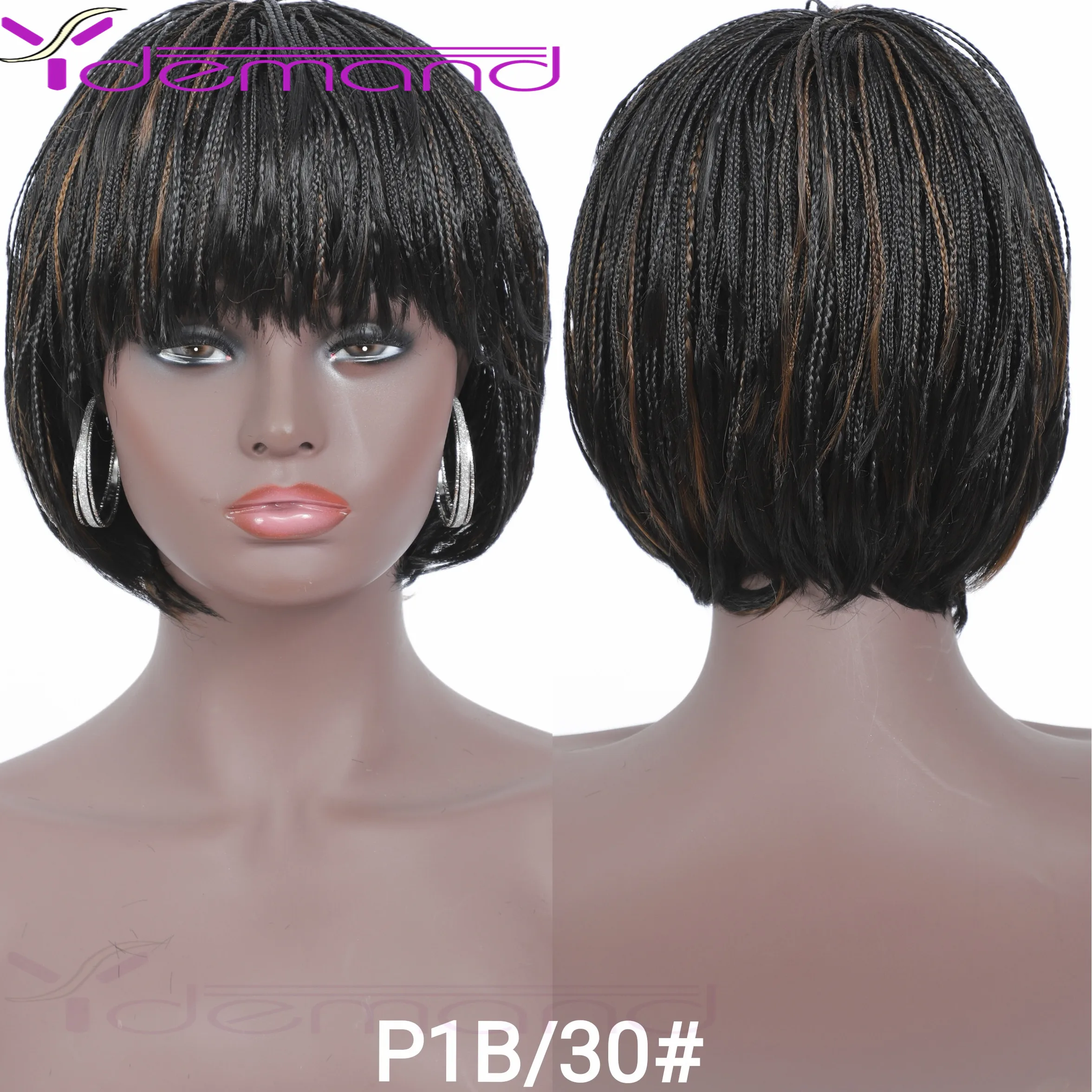 Y Demand Parrucche corte intrecciate con frangia per le donne Treccia Parrucca africana Naturale Nero Cool Girl Fibra sintetica per capelli naturali