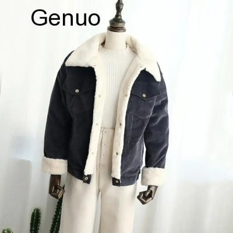 2020 New Winter Warm Fur Jeans Jacket Women Bomber Jacket Soft Corduroy Denim Jacket Female Coat Warm Lining & 4 Pockets Jacket