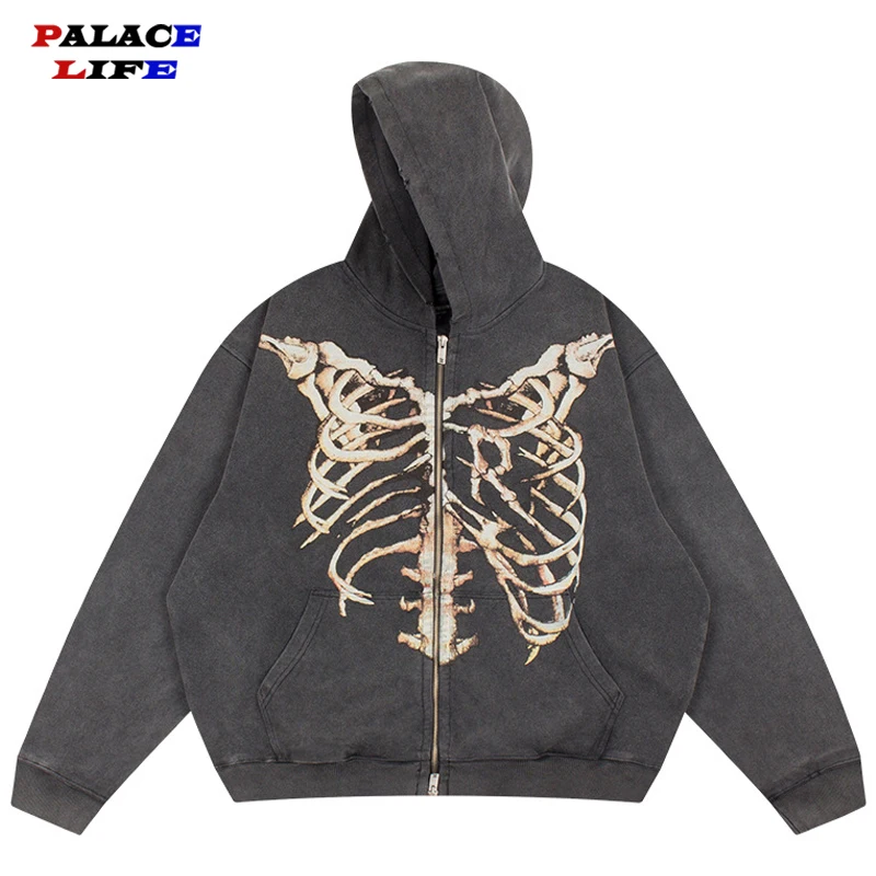 

Streetwear Hip Hop Hooded Jacket Men 2022 Washed Skeleton Print Zipper Hoodie Sweatshirt Autumn Couple Harajuku Cotton Outwear