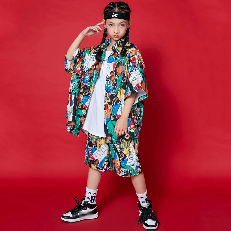 Children Tide Hip Hop Clothes Loose Short Sleeve Shirts Printing Outfit Boys Girls Hip Hop Performance Ballroom Dancewear BL6721