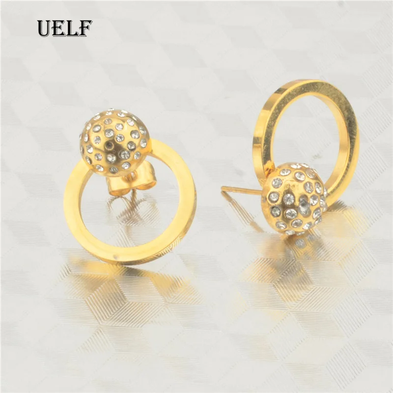 Uelf Fashion Stainless  Stud Earrings for Women Wedding Party Jewelry Round BallCZ Stone Earrings Brincos Christmas Gifts