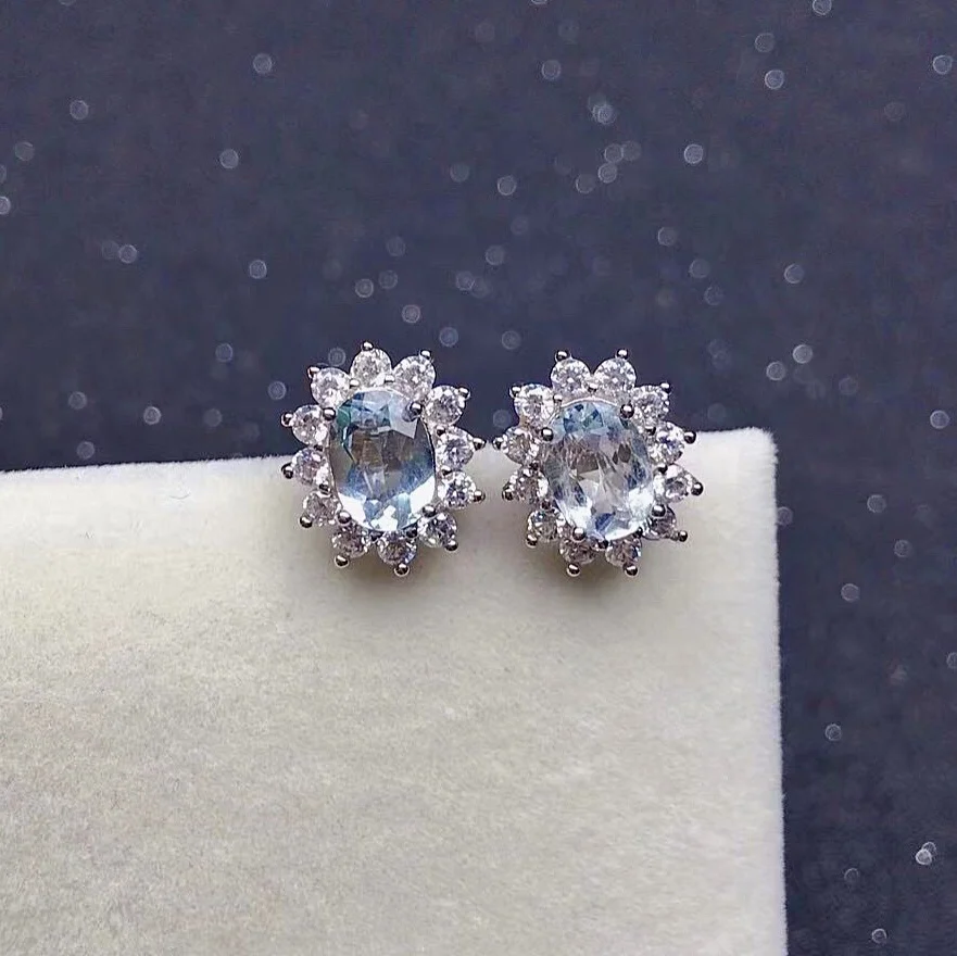 

Classic 925 Silver Aquamarine Stud Earrings for Office Woman 5mm*7mm Natural Aquamarine Earrings Gift for Wife