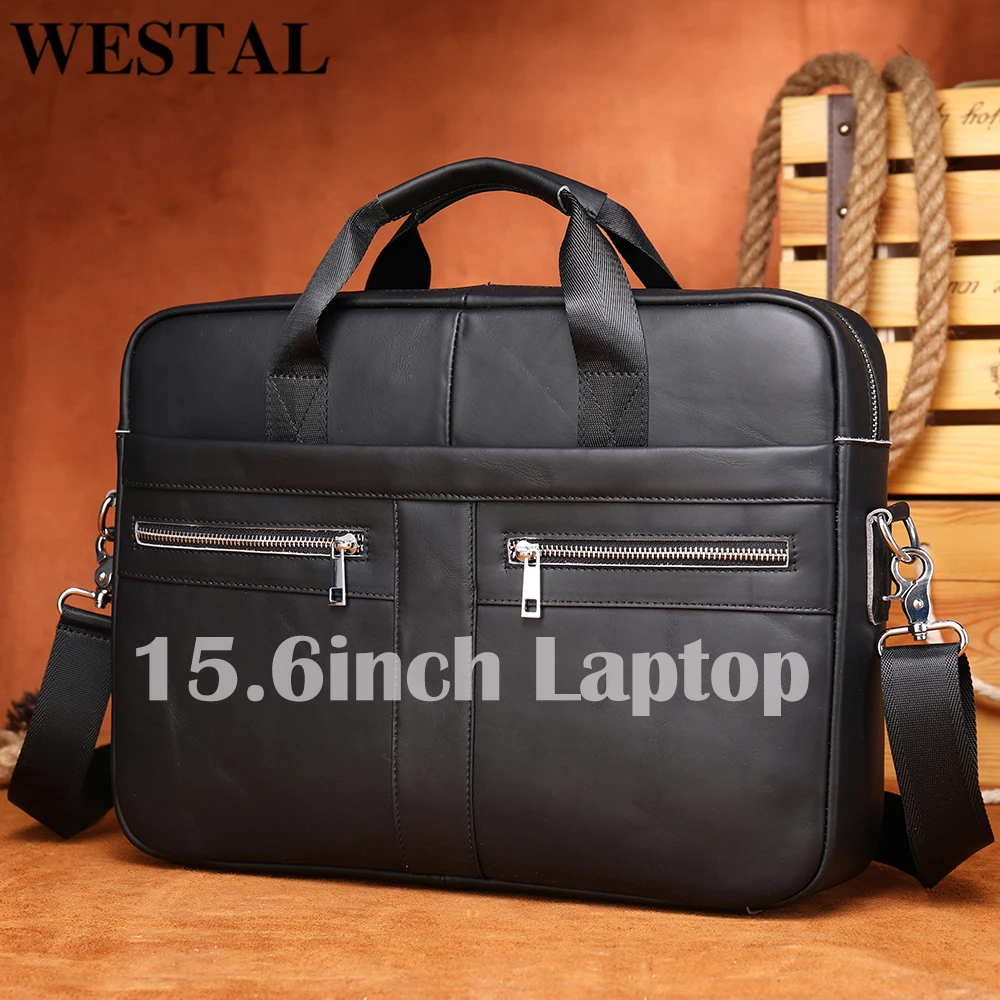 WESTAL 15.6\'\' Laptop Bag for Men Briefcases Genuine Leather Bag for Document Office Computer Briefcase Messenger Bag Men Leather