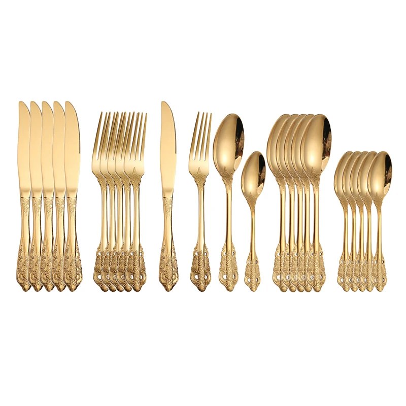 24pcs Stainless Steel Dinnerware Set Gold Cutlery Fork Royal Knives Kitchen Tea Spoon Western Dinner Tableware Flatware Gift