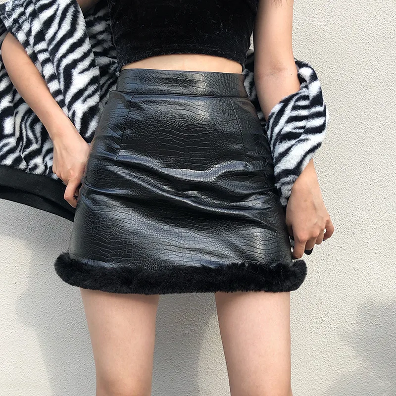 Winer Plush Patch PU Faux Leather Gothic Black A-line Skirt 2020 New Crocodile Leather Slim Punk Rock Mini Short Skirts