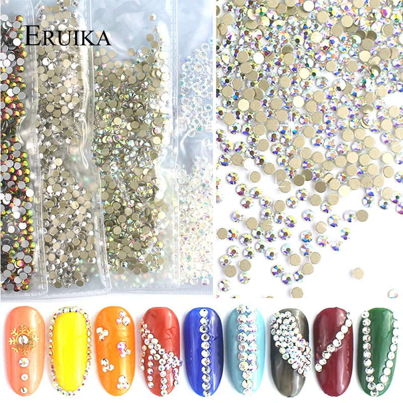 1440pcs Multi Size Glass Nail Rhinestones AB Rainbow Colors Flat-back Crystal 3D Shiny Charms DIY Manicure Nail Art Decorations