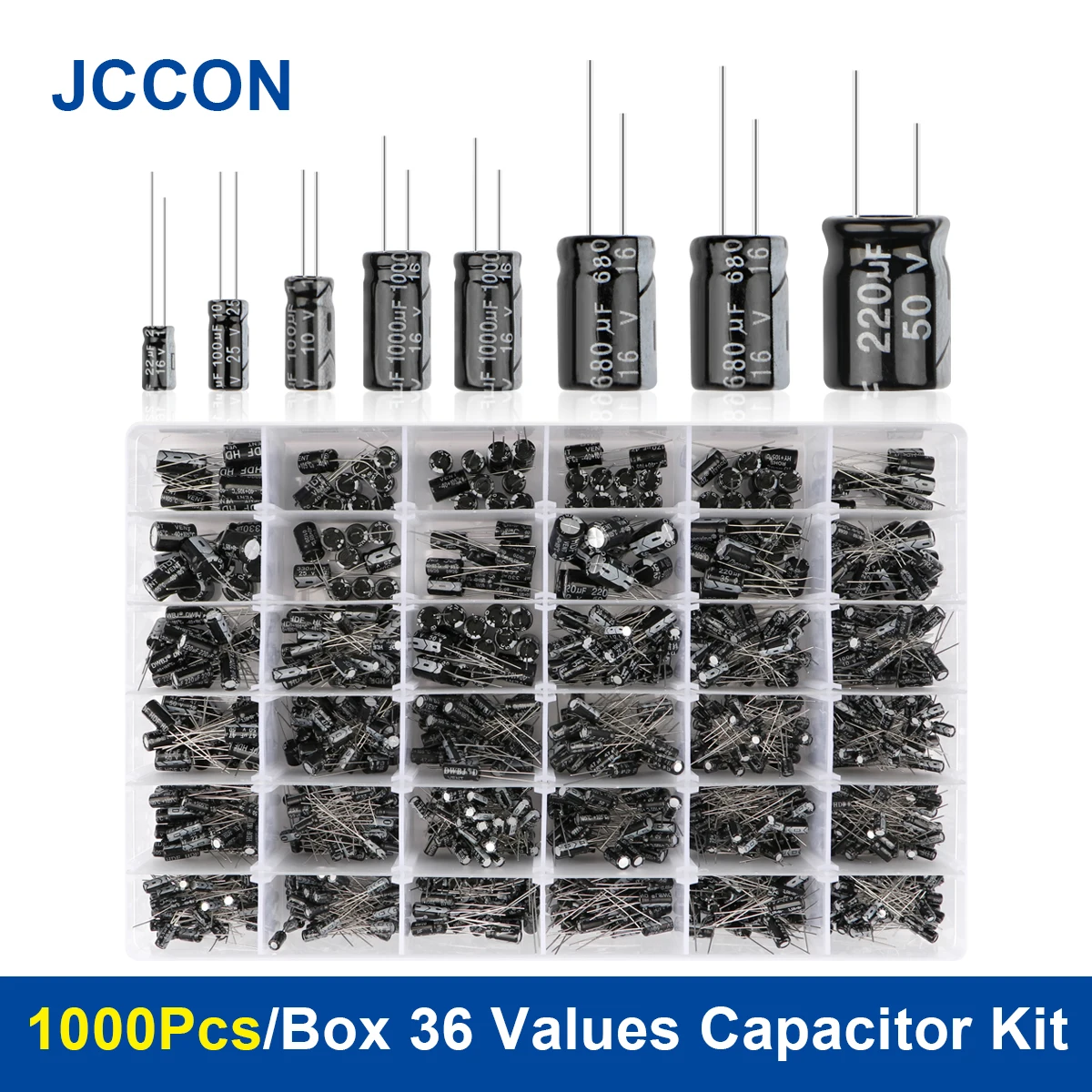 1000pcs 36 Values Aluminum Electrolytic Capacitor Assortment Box Kit 0.1uF 16V-50V 0.1uF-1000uF Capacitors 4.7uF 10uF 22uF 33uF