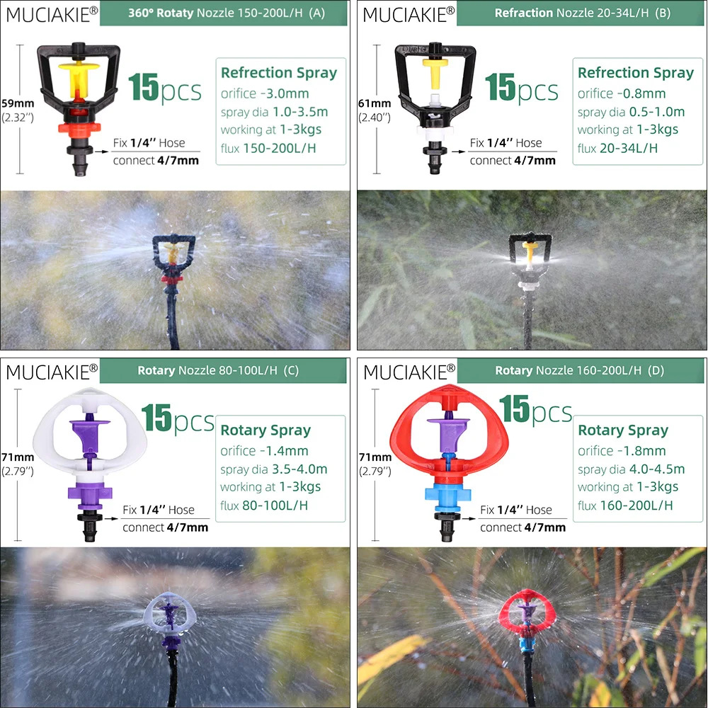 MUCIAKIE 24 Kinds of Garden Sprinklers Nozzles with 1/4\'\' Barb Joint 90 180 360 Refraction Roatory Irrigation Hanging Spray Head