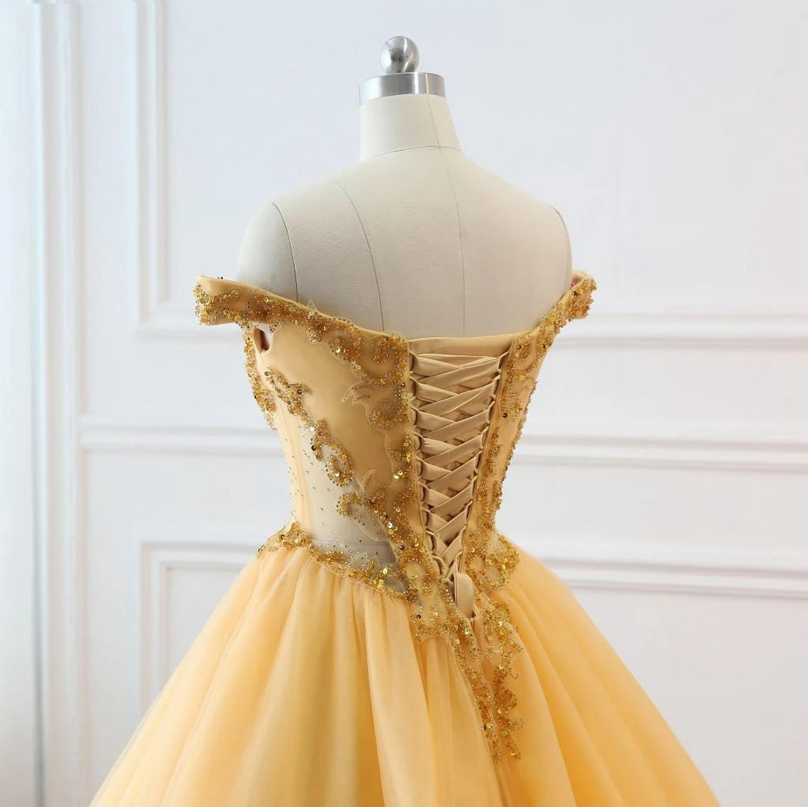 Gold Prom Ball Gown Beaded Off Shoulder Quinceanera Dress Tulle Masquerade Prom Dress Wedding Bride Gown  Custom Size Colors