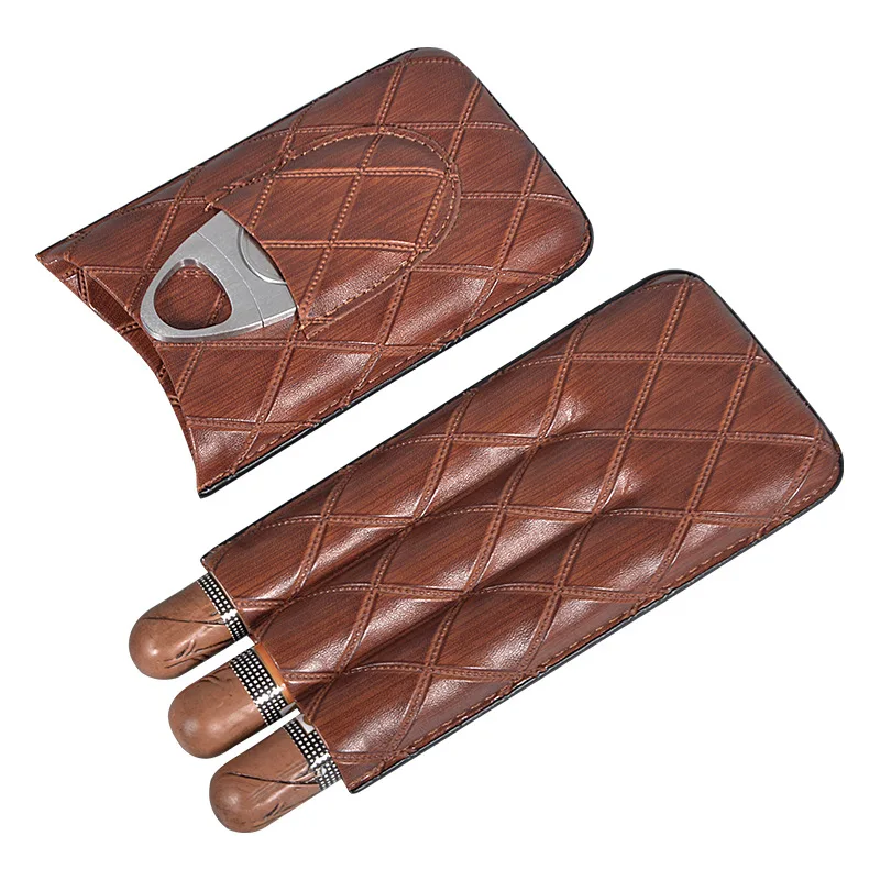 Check Pattern Leather Cigar Box 3 Pack Cigar PU Leather Case Moisture-Proof Waterproof Portable Cigarette Case Scissors