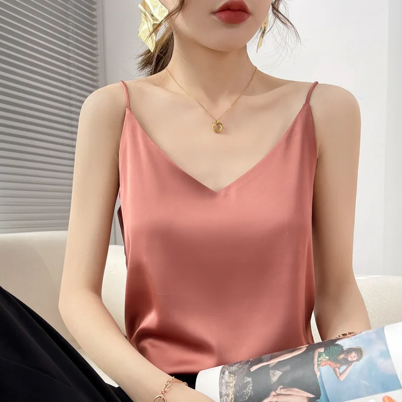 100% Silk Satin Women Camisole Solid Color Sleeveless V Neck Vest  Elegant Basic Classic Slim Camis Sexy Inner Tops Summer 2021