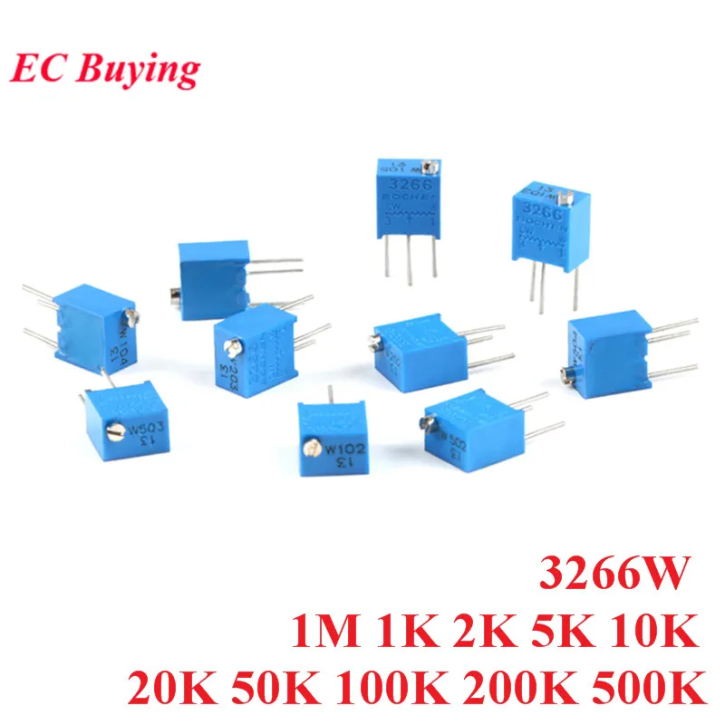 10pcs 3266W 3266 102 202 1M Multiturn Adjustable Trimpot Trimmer Resistor Potentiometer 1K 2K 5K 10K 20K 50K 100K 200K 500K Ohm