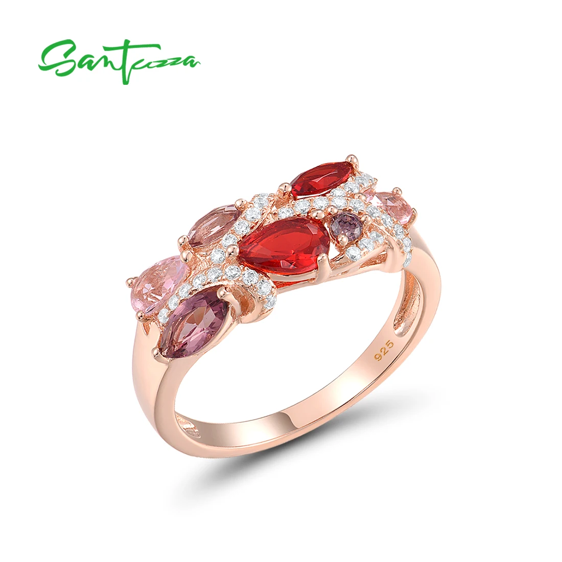 

SANTUZZA Silver Rings For Women Genuine 925 Sterling Silver Sparkling Red Pink Stones White CZ Elegant Wedding Fine Jewelry