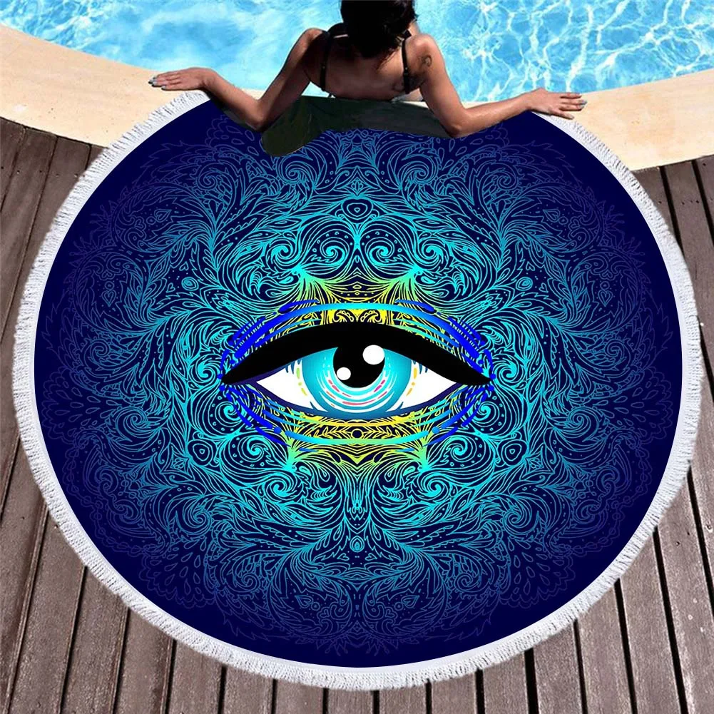 Gift Watercolor Ethnic Mandala Buddha All-Seeing Eye Fringed Large Round Swim Bath Beach Towel ,150cm