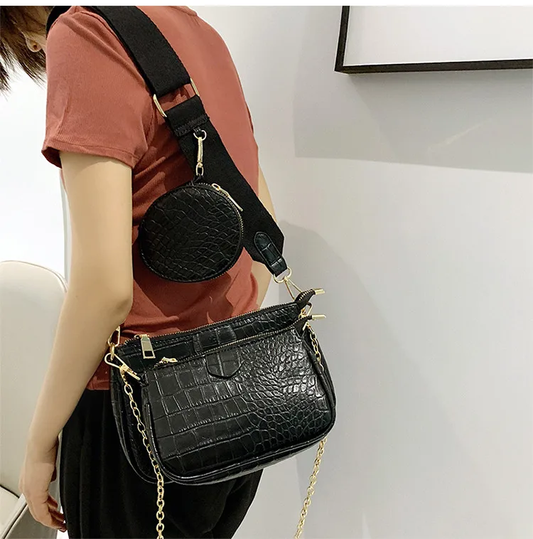 Alligator print women shoulder bag luxury designer wide strap Crossbody bag chain Sling bag pu leather ladies 3 bag set handbag