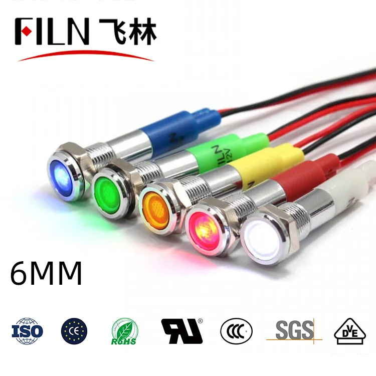 

FILN Metal flat head 6mm 12v equipment pilot lights long-life led indicator light with wire