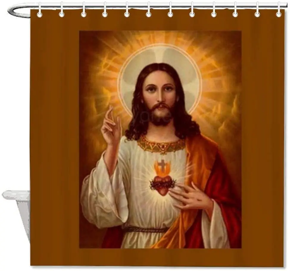 Bath Curtain Sacred Heart of Jesus with Prayer Shower Curtain with Hooks for Bathroom Décor