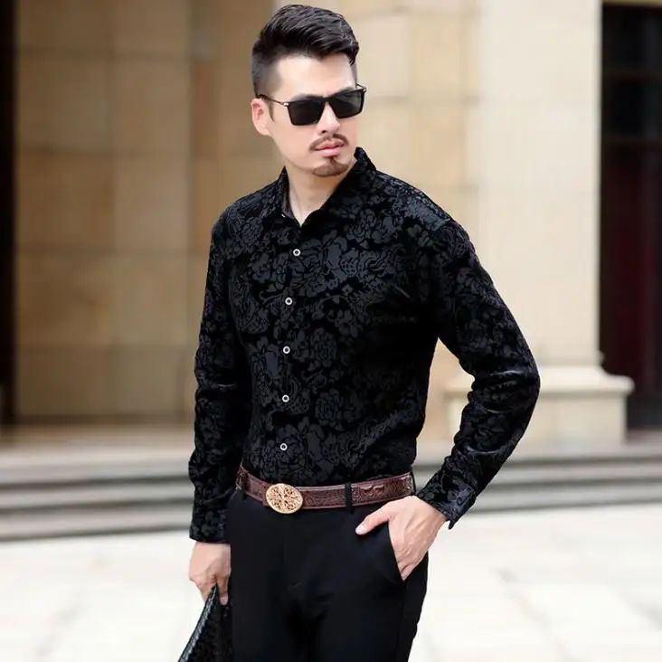 

Business Casual Mens Floral Dragon Pattern Fashion Long Sleeve Winter Velvet Thick Warm Men Shirt M-XXXL