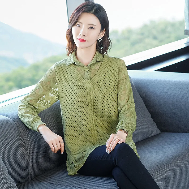 Frauen Pullover 2022 Neue Herbst Zwei-stück Sets Hemd Kragen Pullover Patchwork Langarm Spitze Stricken Bodenbildung Tops femmen Y18