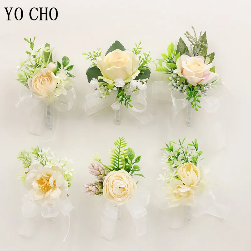 YO CHO Rosa Di Seta di Nozze Corpetti e Boutonnieres Groomsmen Boutonniere di Asola Uomo Da Sposa Matrimonio Corpetto Fiore Braccialetto