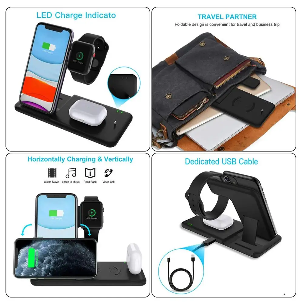 15W Fast Wireless Charger Stand For iPhone 15 14 13 12 11 8 Apple Watch 4 in 1 Foldable Charging Station for Airpods Pro iWatch