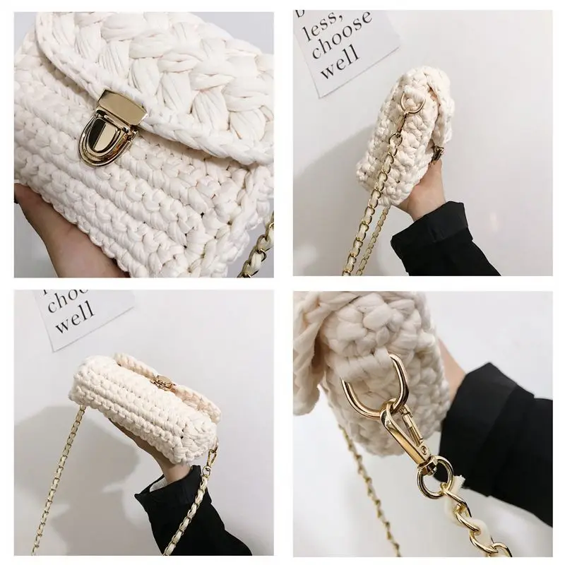 Casual Solid Hand-woven Square Women Bags Cotton Handmade Crochet Women\'s Shoulder Bag Chains Lock Crossbody Bags For Women 2020