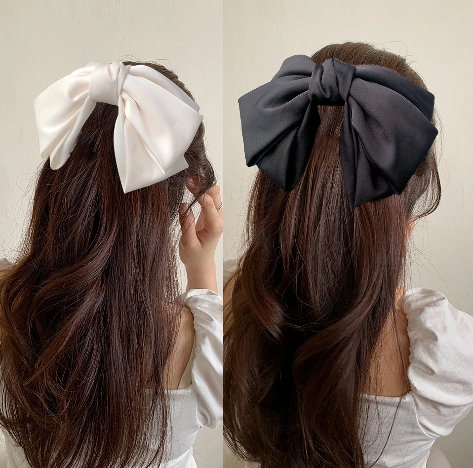 Grampos de cabelo de cetim, grampos de cabelo da moda, para meninas, dois níveis de cor sólida, grande, com laço, acessórios para o cabelo