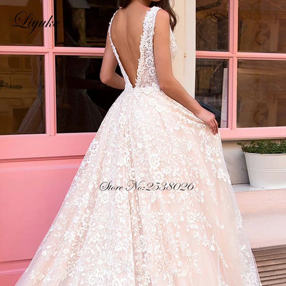 Liyuke Delicate A Line Wedding Dress With Elegant Lace Of Backless Wedding Gown With Deep V-Neckline