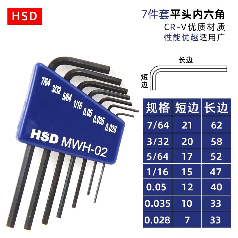 HSD Metric Inch Allen Wrench Set Mini Mini Flat Head 7-piece Set Small 0.71/0.89~3