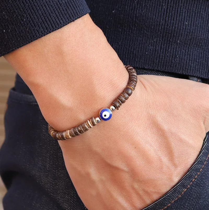 Antique Ethnic Evil Eye Bracelet Handmade Obsidian Wooden Beads Turkey Braclet For Men Women Wristband Jewelry Homme