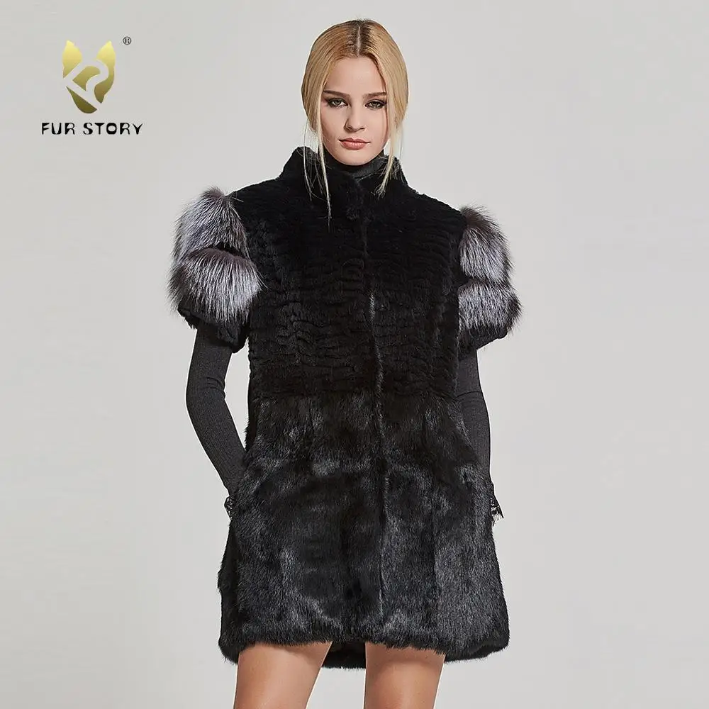 Women's Vest Real Rabbit Fur Vest with Real Sliver fox fur Sleeve Fashion Lady Gilet Waistcoat Fur StoryFS17215