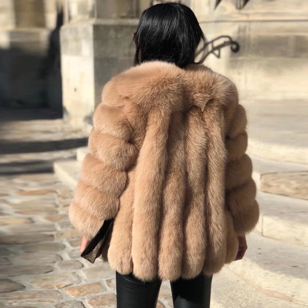 เสื้อแจ็คเก็ตขนสุนัขจิ้งจอกสีกากีสำหรับผู้หญิง คอทรงโอ ความยาวปานกลาง ของแท้ เสื้อคลุมกันหนาวสำหรับฤดูหนาว เสื้อโค้ทขนสัตว์ใหม่สำหรับอากาศหนาว