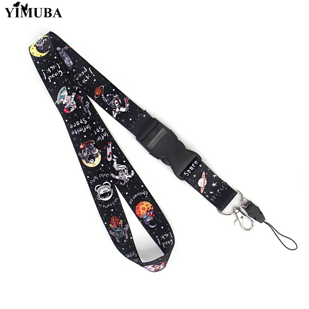 Cute Black Universe Astronaut Lanyard Keychain ID Card Pass Gym Mobile Phone Hang Rope Decoration Webbing Straps Key Ring Holder