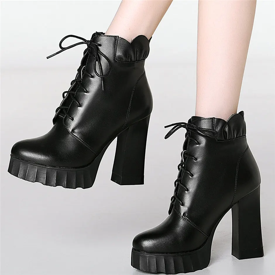 

Lace Up Goth Ankle Boots Women Genuine Leather High Heel Motorcycle Boots Female High Top Round Toe Chunky Platform Pumps Shoes